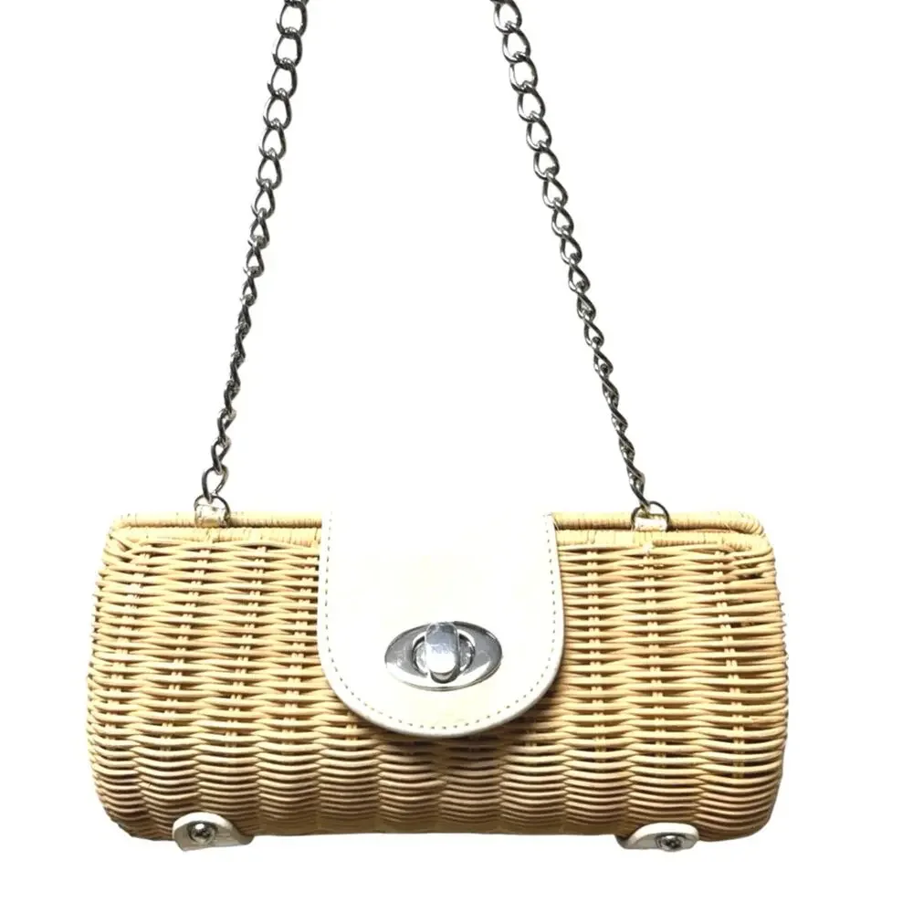 Wicker Rattan Box Clutch Purse Cream Faux Croc Trim Chain Strap Wedding Coastal